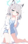  1girl absurdres animal_ear_fluff animal_ears bare_shoulders blue_archive blue_camisole blue_eyes blue_halo blue_shorts blush camisole closed_mouth dot_mouth expressionless frilled_shorts frills grey_hair halo highres kneeling looking_at_viewer medium_hair shadow shiroko_(blue_archive) short_shorts shorts simple_background sleepwear solo squeans strap_slip white_background wolf_ears yukisiannn 