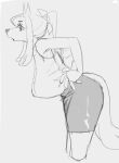 2024 5_fingers anthro big_breasts bottomwear breasts canid canine clothing digital_drawing_(artwork) digital_media_(artwork) fingers greyscale hair hand_on_hip hands_on_own_hips hanging_breasts hi_res hutomayuu mammal monochrome narrowed_eyes open_mouth portrait side_view simple_background sketch skirt sleeveless sleeveless_topwear tail three-quarter_portrait tied_hair topwear white_background