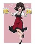  1girl :d alcohol beer beer_mug blue_eyes border breasts brown_hair cleavage commentary cup dirndl german_clothes girls_und_panzer hida_ema holding holding_cup mug short_hair simple_background smile solo standing standing_on_one_leg takahashi_kurage white_border 