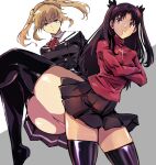  2girls ass black_hair black_ribbon black_skirt black_thighhighs blonde_hair blue_eyes commentary_request cross crossed_arms crossover fate/stay_night fate_(series) grey_skirt hair_ribbon jacket kamisimo_90 knees_up long_hair long_sleeves looking_at_viewer miniskirt multiple_girls nasuhara_anastasia neck_ribbon nice_knee_socks_day onii-chan_dakedo_ai_sae_areba_kankeinai_yo_ne panties parted_lips pink_panties pleated_skirt red_jacket red_ribbon ribbon school_uniform shirt skirt smile thighhighs thighs tohsaka_rin twintails underwear uniform white_shirt 