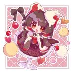  1girl ascot black_hair bow cake cherry chibi cup cupping_glass detached_sleeves food frilled_bow frilled_hair_tubes frills fruit gohei hair_bow hair_tubes hakurei_reimu hat heart inukkomaru open_mouth red_bow red_skirt ribbon-trimmed_sleeves ribbon_trim skirt skirt_set solo touhou witch_hat yellow_ascot yellow_eyes 