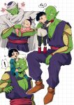  ! 1boy 1girl absurdres aged_down alien antennae baby bald black_hair black_pants blunt_bangs blush blush_stickers brown_footwear cape checkered_background child closed_mouth collarbone colored_skin commentary_request dougi dragon_ball dragon_ball_super dragon_ball_super_super_hero fingerless_gloves full_body gloves green_skin heads_together highres invisible_chair multiple_views namekian no_eyebrows one_eye_closed open_mouth pan_(dragon_ball) pants parted_lips piccolo pointy_ears red_footwear red_sash sash shirt short_hair sitting spoken_exclamation_mark turban upper_body usarinko white_cape white_shirt 