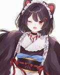  1girl :3 animal_ears black_hair blush collar dog_ears dog_girl flower frilled_sleeves frills hair_flower hair_ornament highres inui_toko japanese_clothes kimono long_sleeves looking_at_viewer maid_headdress mirawhite nijisanji obi one_eye_closed open_mouth red_eyes sash sleeves_past_fingers sleeves_past_wrists smile solo virtual_youtuber wide_sleeves 