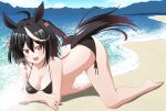  1girl ahoge aki_(kagamitotukasakonata) all_fours alternate_costume animal_ears beach bikini black_bikini black_hair blush breasts commentary_request ear_ornament hair_between_eyes highres horse_ears horse_girl horse_tail kitasan_black_(umamusume) medium_breasts ocean open_mouth outdoors red_eyes sand side-tie_bikini_bottom smile solo swimsuit tail two_side_up umamusume water 