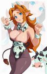  1girl animal_ears animal_print blue_eyes bow bowtie breasts cleavage cow cow_ears cow_print cow_tail large_breasts malon milkmountain orange_hair pantyhose playboy_bunny tail the_legend_of_zelda the_legend_of_zelda:_ocarina_of_time 