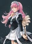  1girl apron black_background black_feathers breasts cosplay cowboy_shot earrings feather_trim feathers fire_emblem fire_emblem:_three_houses fire_emblem_fates flora_(fire_emblem) flora_(fire_emblem)_(cosplay) hand_to_own_mouth hilda_valentine_goneril holding jewelry juliet_sleeves long_hair long_sleeves looking_at_viewer maid maid_apron maid_headdress pink_eyes pink_hair puffy_sleeves signature simple_background solo tamafry twintails 