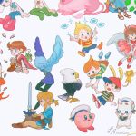  3girls 4boys animal_crossing apollo_(animal_crossing) aria_(manga) aria_pokoteng arms_up baseball_cap blonde_hair blue_dress blue_shorts boots brown_shorts bunny_hood_(zelda) cape cardcaptor_sakura casting_spell cherry_blossoms chroniko claus_(mother_3) dress egg falling fi_(zelda) frog green_eyes green_pants grey_pants hat highres holding holding_sword holding_weapon kaeru_no_tame_ni_kane_wa_naru kaiba kaiba_(character) kero_(cardcaptor_sakura) kinomoto_sakura kirby kirby_(series) lion_(steven_universe) lucas_(mother_3) marin_(zelda) memi_(gamemix) mother_(game) mother_2 mother_3 multiple_boys multiple_girls ness_(mother_2) on_one_knee open_mouth pants pantyhose red_cape red_footwear red_hat sabure_oukoku_no_ouji sailor_hat sandals shirt shorts socks sparkle steven_universe striped_clothes striped_shirt super_smash_bros. sword the_legend_of_zelda the_legend_of_zelda:_breath_of_the_wild the_legend_of_zelda:_link&#039;s_awakening the_legend_of_zelda:_skyward_sword weapon white_background white_hat white_pantyhose white_socks 