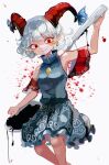  1girl absurdres blue_hair blue_skirt blue_vest bow comkdom curly_hair detached_sleeves earrings eye_print highres horn_bow horn_ornament horns jewelry meandros oil patterned_clothing pointy_ears red_eyes sheep_horns short_hair simple_background skirt splatter touhou toutetsu_yuuma vest 