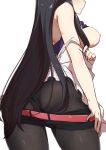  1girl black_hair black_pantyhose blush breasts breasts_out closed_mouth clothes_pull commentary_request head_out_of_frame highres kakuchou_shoujo-kei_trinary kunimasa_ayami long_hair medium_breasts morisobo nipples no_bra pantyhose simple_background solo white_background 