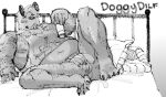 2024 anthro bed bedroom_eyes belly_peeking_out blep blush blush_lines caimanresurgunt canid canine canis claws clothed clothing clothing_lift dick_slip doggydilf_(caimanresurgunt) domestic_dog fluffy furniture genitals hi_res humanoid_genitalia legs_up lounging male mammal monochrome musclegut muscular narrowed_eyes navel neck_tuft overweight overweight_anthro overweight_male pattern_clothing peeking_nipple peeking_penis penis pillow presenting presenting_genitalia presenting_penis seductive shirt shirt_lift solo striped_clothing stripes text thong toe_claws tongue tongue_out topwear tuft undershirt underwear