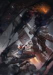  armored_core armored_core_6 cowboy_shot fighting_stance glowing glowing_eye grey_background highres holding holding_weapon looking_at_viewer mecha_focus miso_katsu nightfall_(armored_core_6) no_humans pile_bunker red_eyes robot science_fiction shoulder_cannon sparks standing thrusters weapon 