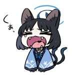  &gt;_&lt; 1girl animal_ears black_hair blue_archive blue_halo cat_ears cat_tail chan_co halo japanese_clothes kikyou_(blue_archive) multiple_tails open_mouth sailor_collar school_uniform serafuku short_hair solo tail yawning 