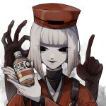  1girl black_eyes blunt_bangs bottle chajinbou fate/grand_order fate_(series) ghost_hands gs999000 highres holding holding_bottle index_finger_raised japanese_clothes kimono ok_sign parted_lips red_hat red_kimono sen_no_rikyu_(fate) short_hair smile solo tea upper_body white_hair 