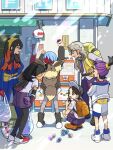  2boys 4girls arm_up arven_(pokemon) backpack bag black_hair black_pantyhose blue_jacket blue_pants blue_socks boots brown_bag carmine_(pokemon) commentary_request gloves hairband holding jacket juliana_(pokemon) kieran_(pokemon) long_hair long_sleeves multicolored_hair multiple_boys multiple_girls necktie nemona_(pokemon) off_shoulder open_clothes open_vest pants pantyhose penny_(pokemon) pokemon pokemon_sv purple_shorts red_gloves sakuramochi0906 shirt shoes shopping_bag short_sleeves shorts socks standing two-tone_hair vest white_footwear white_jacket white_shorts yellow_bag yellow_hairband 