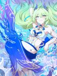  1girl aqua_eyes arm_behind_head arm_up armpits bare_shoulders blue_skirt breasts floating_hair freediving frills green_hair highres hip_vent honkai_(series) honkai_impact_3rd long_hair long_skirt looking_at_viewer mobius_(honkai_impact) shoes side_cutout skirt sleeveless small_breasts smile solo underwater very_long_hair water weeiskaw white_footwear 