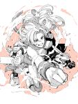  1boy 1girl 1other ayla_(chrono_trigger) breasts cape chrono_trigger foreshortening frog_(chrono_trigger) gloves highres holding holding_sword holding_weapon laser long_hair medium_breasts monochrome open_mouth pink_background punching robo_(chrono_trigger) robot shiomiya_iruka smile smoke sword weapon wristband 