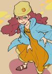  1boy absurdres androgynous blue_coat brown_background coat collarbone dress facial_mark foot_out_of_frame green_eyes hair_between_eyes hand_on_own_hip hand_on_own_leg highres long_hair looking_at_viewer otoko_no_ko rally_dawson red_hair smile yellow_dress yellow_hat youko-shima yu-gi-oh! yu-gi-oh!_5d&#039;s 