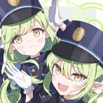  2girls :d black_hat blue_archive blush blush_stickers fang gloves green_hair green_halo halo highres hikari_(blue_archive) long_hair looking_at_viewer multiple_girls nozomi_(blue_archive) open_mouth skin_fang smile twintails upper_body white_gloves yu_wo 