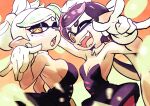  +_+ 2girls absurdres black_hair black_jumpsuit bow-shaped_hair breasts callie_(splatoon) cleavage colo_(nagrolaz) cousins detached_collar earrings fangs food food_on_head gloves highres inkling jewelry jumpsuit large_breasts long_hair marie_(splatoon) mole mole_under_eye multiple_girls object_on_head open_mouth pantyhose pointy_ears short_hair short_jumpsuit sideboob small_breasts smile splatoon_(series) splatoon_1 sushi tentacle_hair yellow_eyes 