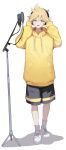  1boy absurdres ahoge baggy_clothes black_shorts blonde_hair blue_eyes drawstring elpuchi hands_on_headphones headphones headset highres hood hoodie kagamine_len light_blush loose_socks microphone microphone_stand music open_mouth recording shoes short_ponytail shorts singing sneakers socks solo vocaloid white_background white_footwear white_socks yellow_hoodie 