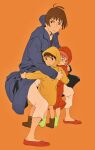  1boy 2girls absurdres blue_raincoat boots brown_eyes brown_hair child gake_no_ue_no_ponyo highres lisa_(ponyo) looking_at_viewer multiple_girls orange_background ponyo raincoat red_footwear red_raincoat rubber_boots sousuke_(ponyo) tombiiwa wet yellow_raincoat 