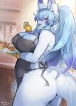  2022 absurd_res anthro apron apron_only big_breasts blue_body blue_eyes blue_fur blue_hair blush breasts butt canid canine clothing cute_fangs female fox fur hair hi_res kemono lily_mari long_hair looking_at_viewer mammal mostly_nude nipple_outline solo suurin_2 