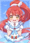  1girl :d blue_background clenched_hands commentary_request cowboy_shot dress feathers gloves hair_ornament hands_up happy_birthday heart idol_clothes long_hair looking_at_viewer open_mouth ponytail pretty_series pripara puffy_short_sleeves puffy_sleeves red_hair shiratama_mikan short_sleeves smile solo sparkle standing tabana very_long_hair white_dress white_gloves yellow_eyes 