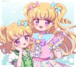  2girls :d avocado_academy_school_uniform blonde_hair blue_background blue_bow blue_sailor_collar bow bracelet center_frills commentary_request dual_persona frills green_shirt hair_bow hair_ornament hand_on_own_cheek hand_on_own_face holding holding_microphone idol_clothes idol_time_pripara jewelry long_hair looking_at_viewer microphone multiple_girls open_mouth pink_bow pink_shirt pretty_series pripara puffy_short_sleeves puffy_sleeves purple_bow purple_eyes ringlets sailor_collar school_uniform shirt short_hair short_sleeves smile star_(symbol) star_hair_ornament tabana two_side_up upper_body yumekawa_yui 