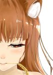  1girl absurdres animal_ear_fluff animal_ears blunt_bangs blush brown_hair chinese_commentary close-up closed_mouth commentary_request derivative_work eyebrows_hidden_by_hair eyelashes half-closed_eyes highres holo lips looking_at_viewer mouth_hold red_eyes shenhaiqiqudan simple_background solo spice_and_wolf split_crop stalk_in_mouth straight_hair wheat white_background wolf_ears wolf_girl 