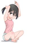  1girl bare_shoulders barefoot black_hair blush camisole holding_hair_tie indian_style kuraue_hinata looking_at_viewer purple_eyes ryuuma_(norinori_taruto) short_hair short_shorts shorts simple_background sitting sketch solo toes tying_hair white_background yama_no_susume 