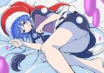  1girl :3 bare_legs barefoot black_capelet black_dress black_tail blob blue_eyes blue_hair book capelet closed_mouth doremy_sweet dress eichi_yuu holding holding_book lying on_bed panties pillow pom_pom_(clothes) red_hat smile solo tail tapir_tail touhou underwear white_dress white_panties white_tail 
