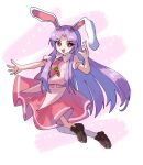  1girl animal_ears brown_footwear carrot collared_shirt highres loafers long_hair necktie open_mouth pink_necktie pink_skirt plus2sf puffy_short_sleeves puffy_sleeves purple_hair rabbit_ears rabbit_girl red_eyes reisen_udongein_inaba shirt shoes short_sleeves sidelocks simple_background single_thighhigh skirt socks solo thighhighs touhou very_long_hair white_background white_shirt white_socks 