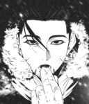 1boy close-up facial_hair forehead fur-trimmed_jacket fur_trim goatee golden_kamuy greyscale hair_slicked_back hand_up hinna_anything hood hood_down hooded_jacket jacket looking_at_viewer male_focus monochrome ogata_hyakunosuke portrait short_bangs snowing solo undercut 