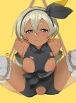  1girl bdsm bea_(pokemon) blue_eyes bondage bound dark-skinned_female dark_skin highres kuma_(jk0073) looking_at_viewer nipples pokemon pokemon_swsh pussy release_date shirt short_hair shorts solo solo_focus spread_legs torn_clothes torn_shirt torn_shorts white_hair yellow_background 