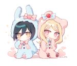  1boy 1girl akamatsu_kaede alternate_costume animal_costume animal_ear_hood animal_ears bad_id bad_twitter_id bear_costume bear_ears bear_tail blonde_hair blue_bow blue_bowtie blue_pajamas bow bowtie buttons chibi closed_mouth commentary dalrye_v3 danganronpa_(series) danganronpa_v3:_killing_harmony eyelashes fake_animal_ears fake_tail fluffy hair_ornament hand_to_own_mouth hat hat_bow heart hood light_blush light_frown long_hair musical_note musical_note_hair_ornament open_mouth pajamas paw_print pink_bow pink_bowtie pink_eyes pink_pajamas rabbit_tail saihara_shuichi simple_background sitting smile sparkle squeans star_(symbol) strawberry_hat_ornament symbol-only_commentary tail twitter_username white_background yellow_eyes 