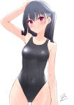  1girl arm_at_side arm_up armpits ass_visible_through_thighs bangs bare_arms bare_shoulders black_hair black_swimsuit blush breasts closed_mouth collarbone competition_swimsuit covered_navel cowboy_shot dated groin haoriya_chie_(minidraco) highres long_hair medium_breasts minidraco one-piece_swimsuit one_side_up original purple_eyes signature smile swimsuit 