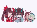  &gt;_&lt; 1boy 3girls animal_ears black_gloves blush bowl brown_hair chestnut_mouth chibi closed_eyes closed_mouth colored_inner_hair commentary covering_own_mouth cropped_torso dan_heng_(honkai:_star_rail) dan_heng_(imbibitor_lunae)_(honkai:_star_rail) detached_sleeves dragon_horns earrings feeding fingerless_gloves flag flipped_hair fox_ears gameplay_mechanics gloves green_eyes green_hair green_hat hand_fan holding holding_fan holding_flag honkai:_star_rail honkai_(series) horns huohuo_(honkai:_star_rail) japanese_clothes jewelry kimono mask mask_on_head multicolored_hair multiple_girls open_mouth pointy_ears red_kimono shirt simple_background sparkle_(honkai:_star_rail) tingyun_(honkai:_star_rail) twintails water11mo white_background white_shirt wide_sleeves 