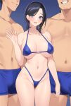  1girl 2boys bare_shoulders bikini black_hair blue_bikini blue_eyes blue_shorts blush breasts cleavage collarbone grin highleg large_breasts long_hair looking_at_viewer multiple_boys navel open_mouth original popqn shorts smile swimsuit thighs 