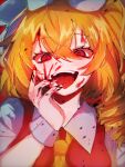  1girl absurdres blonde_hair blood blood_in_hair blood_on_face blood_on_hands blush close-up commentary crazy_smile crossed_bangs eyes_visible_through_hair fingernails flandre_scarlet hair_between_eyes hand_on_own_face hand_up heart heart-shaped_pupils highres looking_at_viewer medium_hair open_mouth red_eyes smile solo symbol-shaped_pupils teeth tongue tongue_out touhou upper_body upper_teeth_only uun-un-un_(user_eryy8424) wrist_cuffs yandere 
