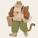  1boy absurdres animal_ears bag bread commission cup food full_body furry furry_male glasses highres holding holding_cup jacket looking_to_the_side male_focus open_clothes open_jacket orange_fur original robottoast shopping_bag simple_background smile solo striped_fur tail tiger_boy tiger_ears tiger_stripes tiger_tail walking yellow_background 