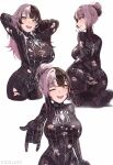  1girl :d ;d animal_print artist_name black_bodysuit black_hair blunt_bangs bodysuit breasts cosplay cropped_legs english_commentary grey_hair hair_bun hair_lift hololive hololive_english kneeling large_breasts lifted_by_self long_hair looking_at_viewer multicolored_hair multiple_views one_eye_closed shiori_novella skin_tight smile spider-man spider-man_(cosplay) spider_print spider_web_print split-color_hair standing superhero_costume torn_bodysuit torn_clothes vicarious virtual_youtuber white_background yellow_eyes 