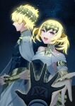  1boy 1girl armlet armor black_gloves black_shirt blonde_hair blue_eyes bracer breasts brother_and_sister castor_(fate) chakram closed_mouth collar command_spell constellation diadem fate/grand_order fate_(series) gloves halterneck highres holding_hands looking_at_viewer medium_hair metal_collar name_connection object_namesake offering_hand open_mouth pauldrons pollux_(fate) robe sakuraike shirt short_hair shoulder_armor siblings small_breasts smile twins weapon white_robe 