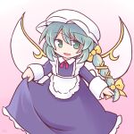  1girl 216 alternate_hairstyle apron black_dress braid clothes_lift commentary daiyousei dress gradient_background green_eyes green_hair hat lifted_by_self long_hair looking_at_viewer maid mob_cap open_mouth pink_background side_braid solo touhou white_apron white_hat wings 