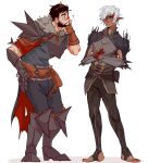  2boys ? absurdres armor beard black_hair crossed_arms dark-skinned_male dark_skin dragon_age dragon_age_2 elf facial_hair facial_mark fenris_(dragon_age_2) full_beard full_body fur-trimmed_armor fur_trim garrett_hawke green_eyes hand_on_own_chin highres looking_at_another looking_to_the_side lunehowls male_focus mature_male multiple_boys neck_tattoo pointy_ears short_hair shoulder_tattoo simple_background tattoo white_background white_hair 