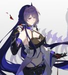  1girl acheron_(honkai:_star_rail) ambiguous_red_liquid black_choker black_gloves black_shorts blood blood_from_eyes bone breasts chain choker cleavage cleveland01 coat coattails detached_sleeves gloves hair_over_one_eye highres honkai:_star_rail honkai_(series) long_hair midriff multicolored_hair navel purple_eyes purple_hair short_shorts shorts single_bare_shoulder skeleton solo stomach streaked_hair white_background white_coat 