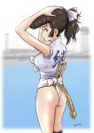  1girl ass black_hair blush breasts closed_mouth fundoshi girls_und_panzer green_eyes hair_ribbon highres hiyama_yuu_(wee259hiyama) japanese_clothes looking_at_viewer medium_breasts pompadour ponytail ribbon signature solo yuri_(girls_und_panzer) 