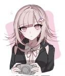  1girl :o black_jacket breasts brown_hair collared_shirt cropped_torso danganronpa_(series) danganronpa_2:_goodbye_despair flipped_hair galaga hair_ornament handheld_game_console highres higoi_343 holding holding_handheld_game_console hood jacket long_sleeves looking_at_viewer medium_hair nanami_chiaki neck_ribbon open_clothes open_jacket pink_eyes pink_ribbon ribbon shirt solo teeth white_shirt 