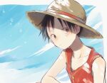  1boy black_eyes black_hair buttons closed_mouth commentary hat looking_to_the_side male_focus monkey_d._luffy nekochanko1 one_piece red_shirt scar scar_on_face shirt short_hair sky sleeveless sleeveless_shirt solo star_(symbol) straw_hat upper_body 