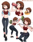  1girl ^^^ absurdres artist_name ass averting_eyes barbell bare_shoulders black_eyes black_footwear black_pants blush bob_cut bottle breasts brown_hair burger cassie_(tobias_wheller) chibi cleavage closed_eyes closed_mouth drink drinking dumbbell eating embarrassed exercise_machine exercising flying_sweatdrops food from_behind highres holding holding_bottle holding_drink holding_food looking_at_viewer looking_to_the_side midriff multiple_views navel no_socks original paid_reward_available pants patreon_logo patreon_username red_sports_bra sesame_seeds shoes short_hair shoulder_blades simple_background single_vertical_stripe small_breasts sneakers solo_focus spandex sports_bra sweat sweatdrop table thigh_gap tobias_wheller towel towel_around_neck trembling v-shaped_eyebrows walking water_bottle weightlifting white_background 