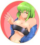  1girl absurdres alternate_costume armpit_crease bare_shoulders black_choker black_panties black_tube_top blue_jacket body_blush border breast_tattoo breasts choker circle cleavage collarbone commentary green_hair highres hikage_(senran_kagura) hip_tattoo jacket large_breasts looking_at_viewer midriff navel panties pink_background rasetuayano revealing_clothes round_border senran_kagura senran_kagura_shoujo-tachi_no_shin&#039;ei shiny_skin short_hair slit_pupils snake_tattoo solo strapless tattoo thong tube_top two-tone_background underboob underwear waving yellow_eyes zipper zipper_pull_tab 